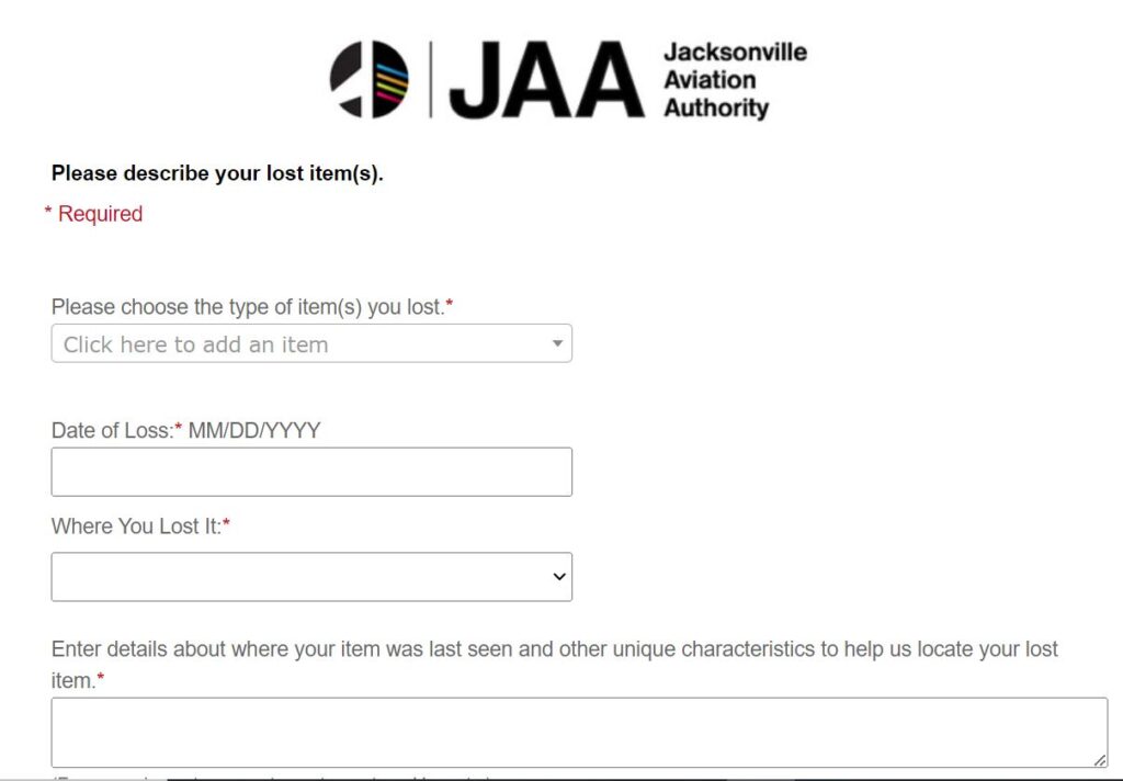 JAX airport lost and found form
