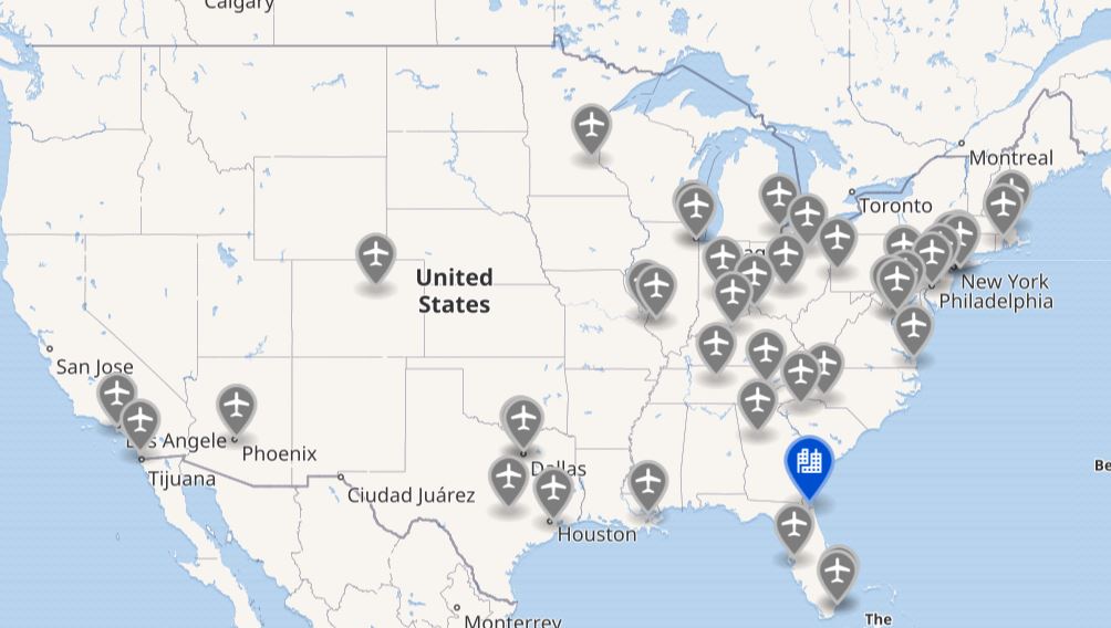 Map showing destinations served by JAX Airlines 